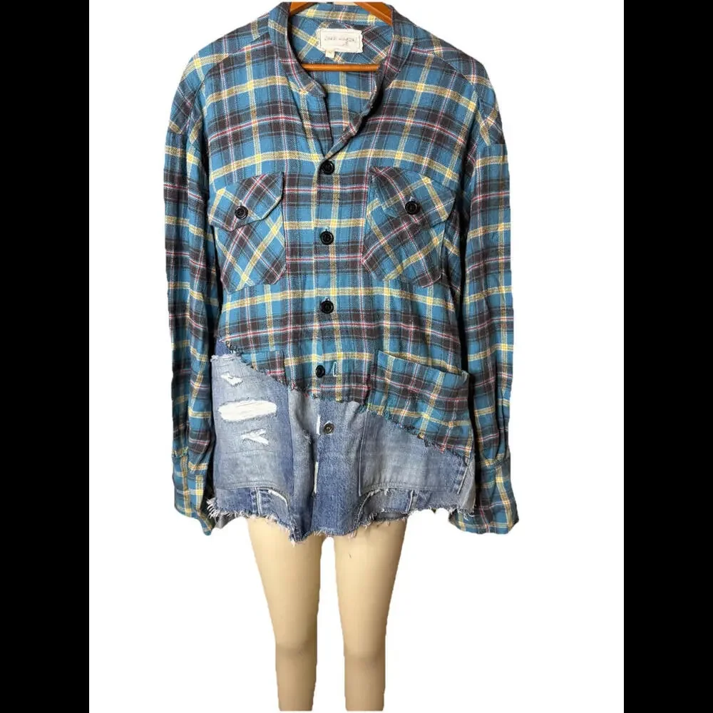 Greg Lauren 50/50 Boxy Grandad Collar Sz 4‎ Panel Checkered Flannel Denim Shirt